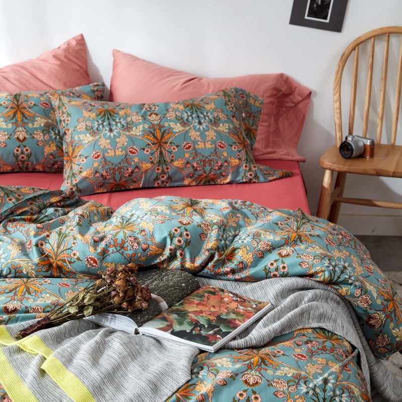 mixinni Vintage Style Garden Flower Queen Duvet Cover with Zipper Closure Soft Long Staple Percale Cotton Vibrant Pattern on Flower Bedding Quilt Cover Set(Queen, All Season) - Image 4